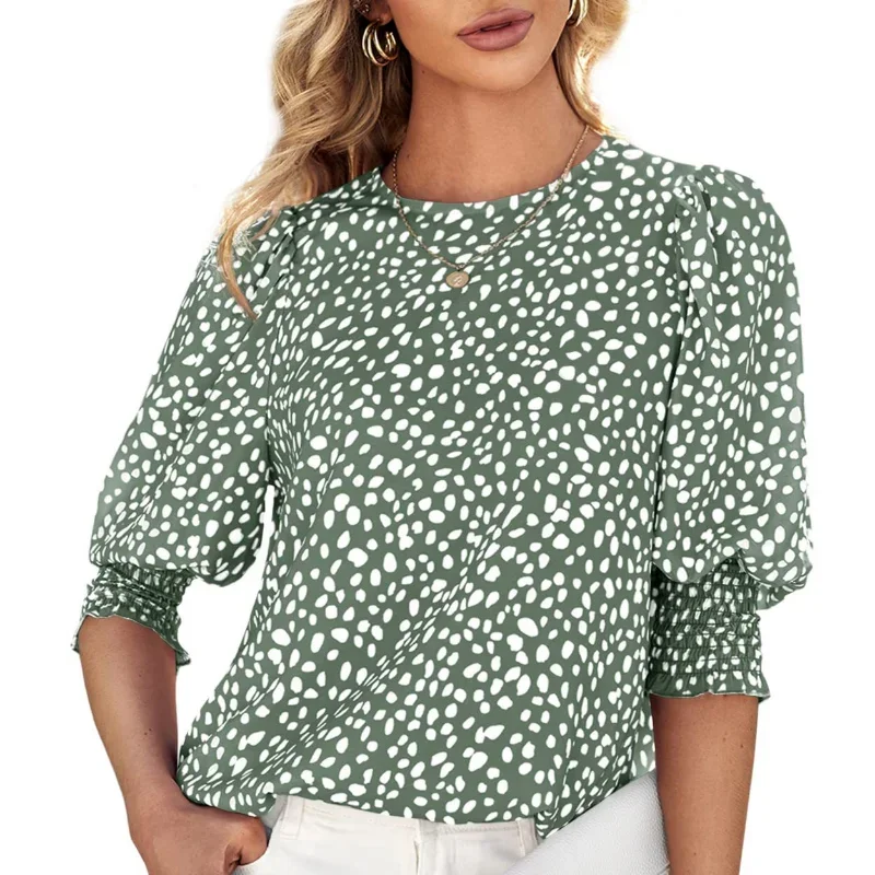 Blusa feminina solta de manga curta, camisa com gola O, tops casuais da moda feminina, estampa elegante, verão, 2024