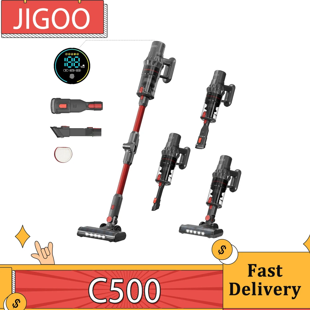 JIGOO C500 Cordless Vacuum Cleaner with 500W Motor, 33KPa Suction, 45min Runtime, Removable Battery and 1.2L Dust Cup