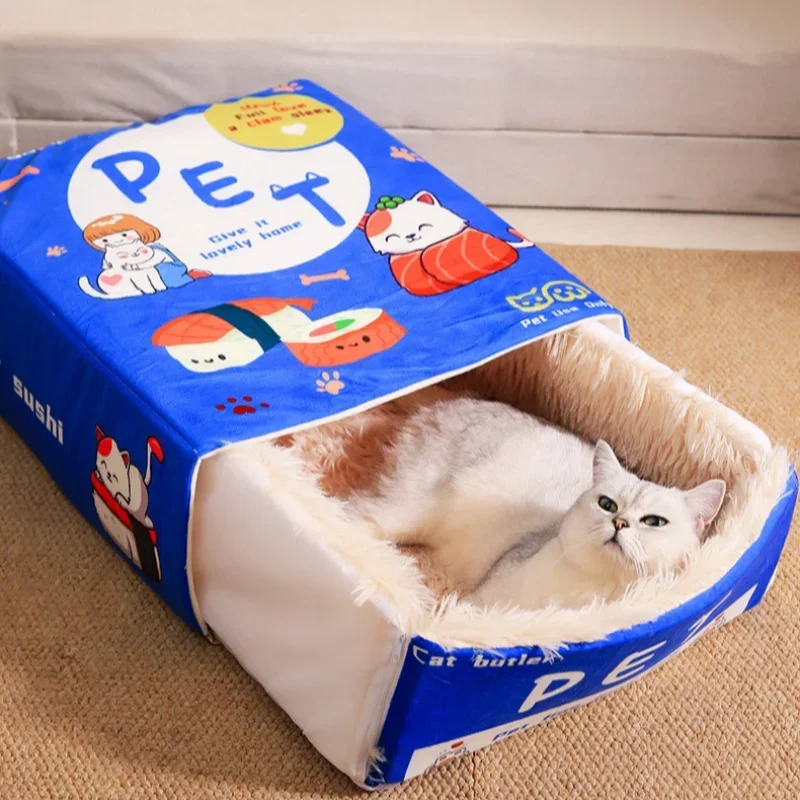 Rectangular Cat Nest Bed Soft PP Cotton Snack Box Pet Bed with Zipper for Large Cat/puppy/dog Fully Closed Plush Pad Pet House