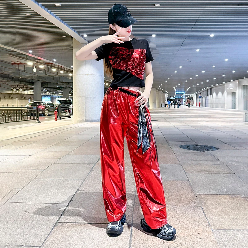 Summer New Performance Clothes Sparkling Short Sleeve Long Pants Jazz Dance Square Dance Team Uniforms Activity Outfits for W...