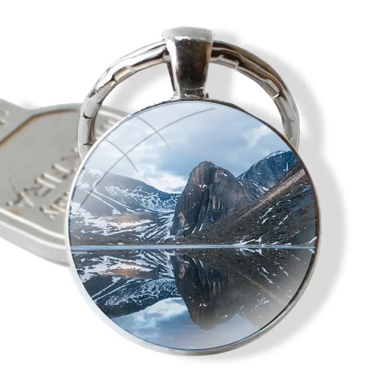 Glass Metal Pendant Key Chain Classic Men Women Key Ring Accessories Jewelry Gifts Mountain Peak Forest Snow mountain White