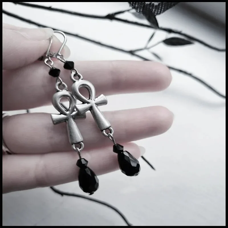Elegant Gorgeous Gothic Ankh Cross Charm Earrings Black Glass Crystal  Bead Drop Hook Earrings