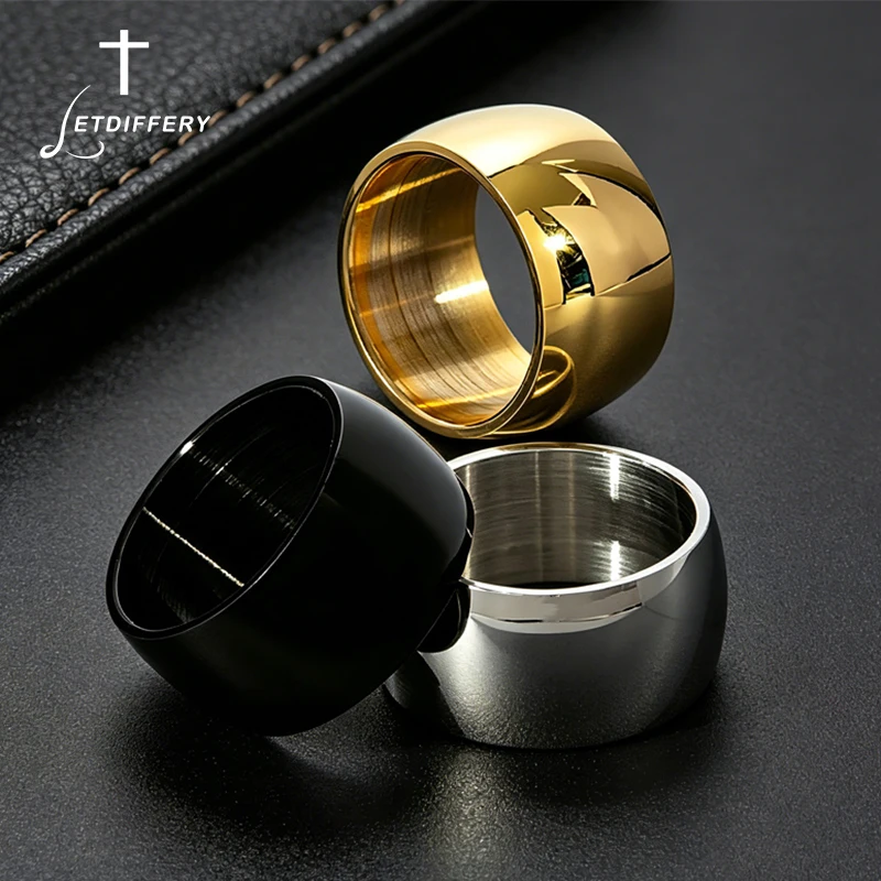 Letdiffery Simple 12mm Wide Men Rings Stainless Steel Silver Black Gold Color Polished Glossy Hip Hop Punk Rings Jewelry Gifts