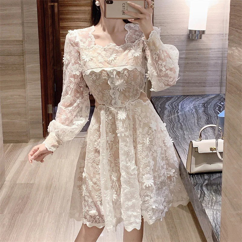 High Quality Summer Autumn Holiday Long Sleeve White Lace Prom Evening Dress Women 3D Flower Short Party Vestidos