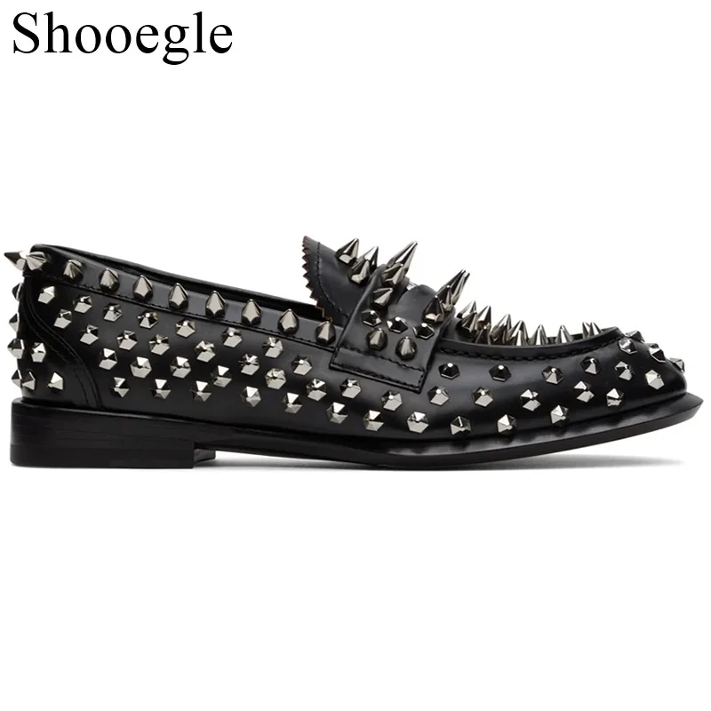 Handmade Studs Spike Genuine Leather Black Loafers Comfortable Rivets Newest Fashion Slip-On Men\'s Shoes Party Wedding Shoes