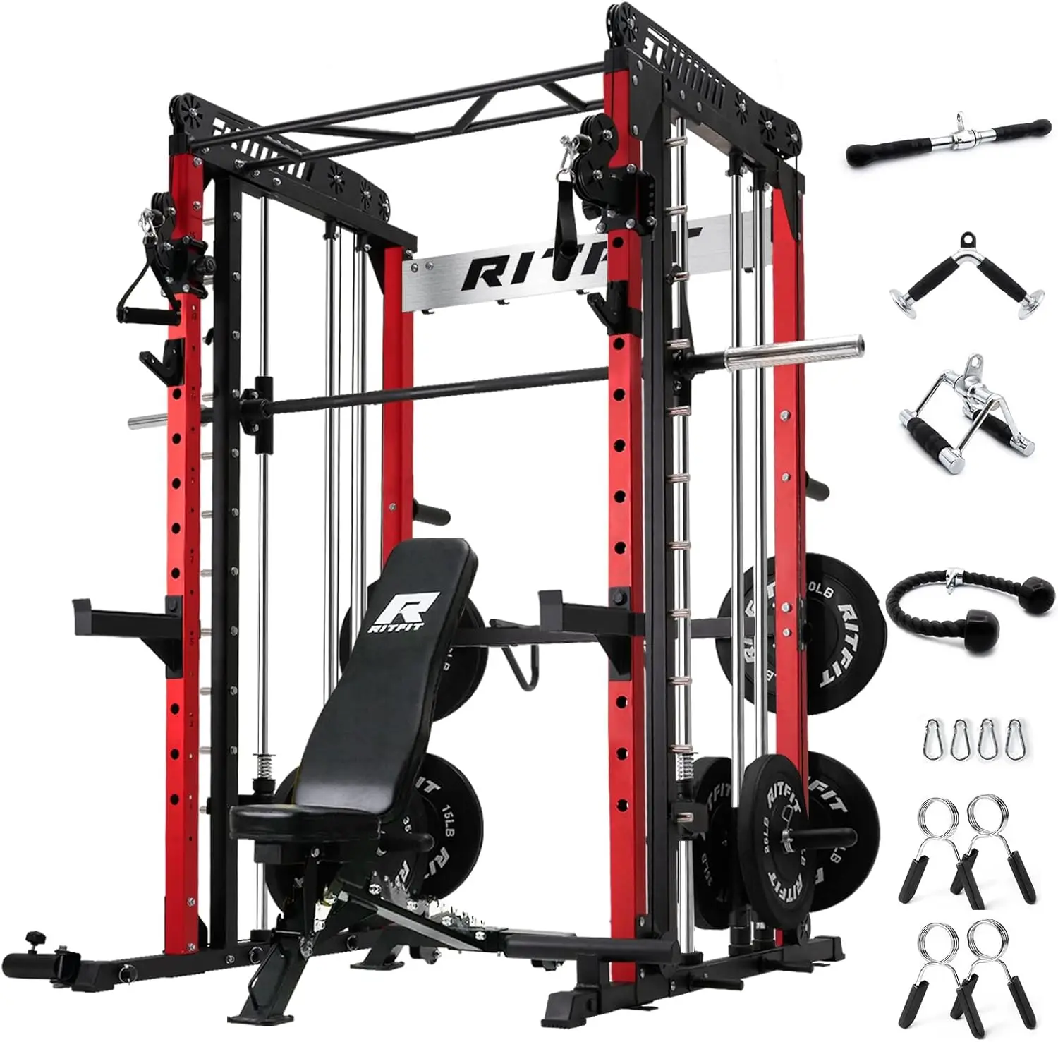 Smith Machine with Cable Crossover System, Multi-Function Squat Rack Power Cage for Home Gym, Power Rack and Packages