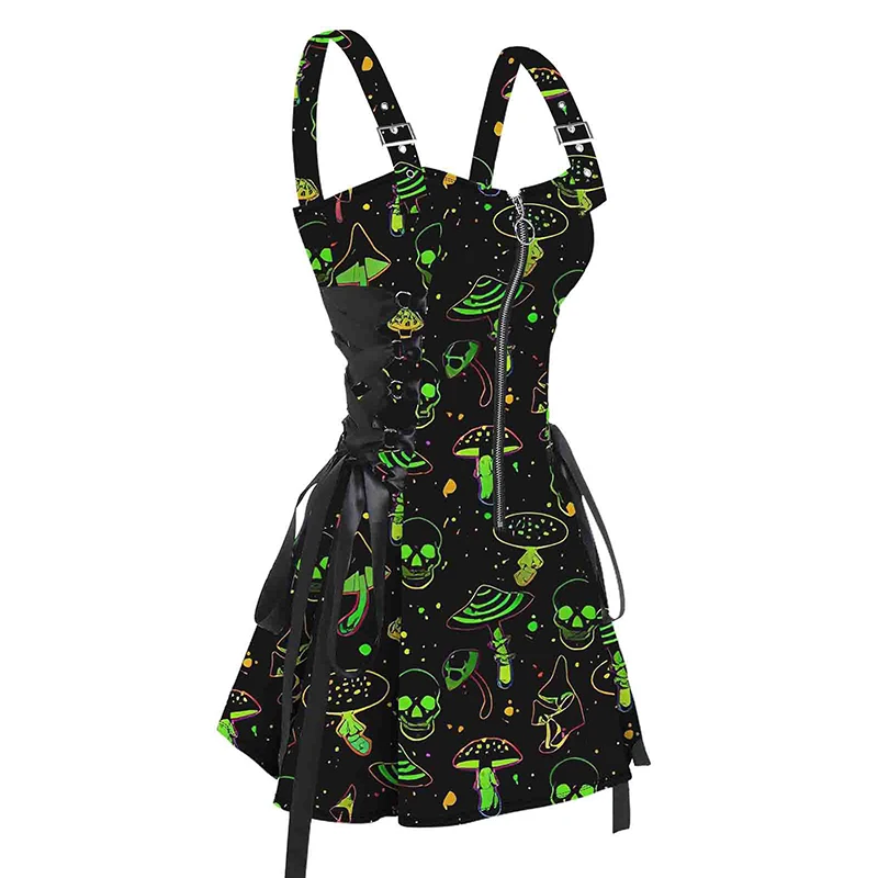 

Dressfo 2025 женские мини-платья Galaxy Skull грибной принт на шнуровке платье на молнии с регулируемым ремешком и пряжкой платье без рукавов