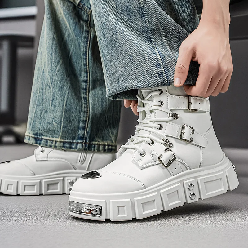 Men's Motorcycle Boots, Street Style Buckle High-Top Men's High-Top Boots, Thick-Soled, All-Season, Retro Motorcycle Casual Boots - view 5