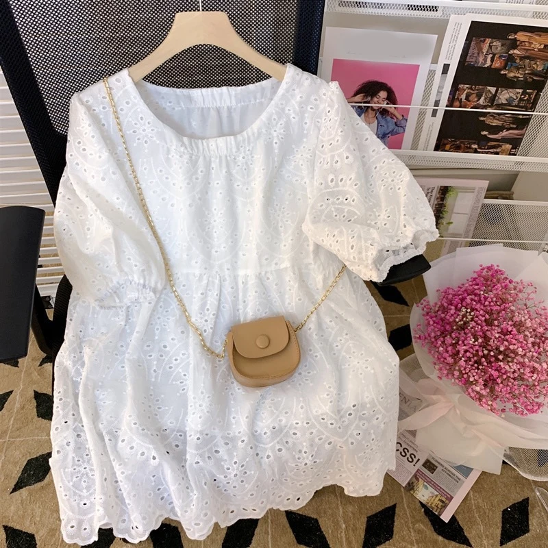 Summer Elegant Lace Women Blouse Fashion Short Sleeve Hollow Out White Embroidery Shirts Casual Loose Puff Sleeve Tops