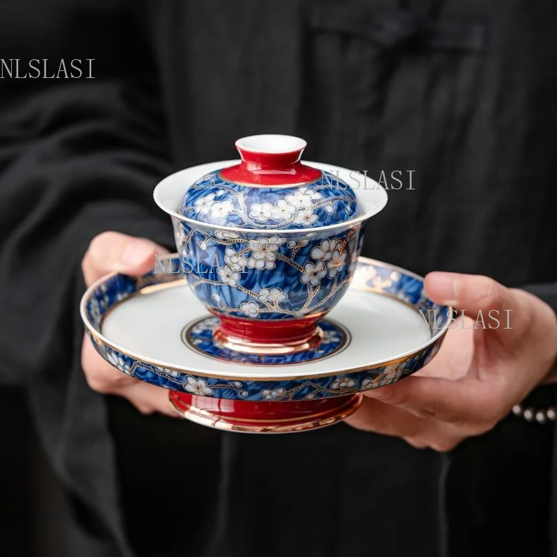 150ml Chinese Floral Porcelain Gaiwan Set Blue White Plum Pattern Sancai Tea Bowl With Tray Vintage Ceramic Kung Fu Teaware