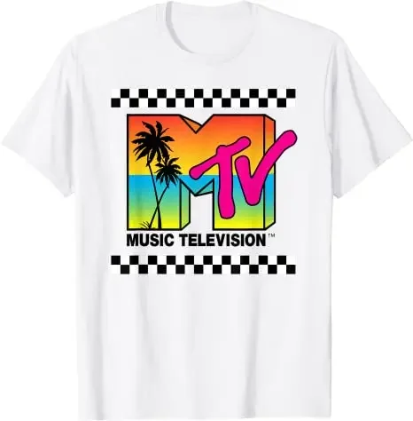 MTV Beach Island Flamingo Vintage Graphic T-Shirt M-T-V Sunset Shape Boombox Checker Design Tee Top Man on The Moon Outfits