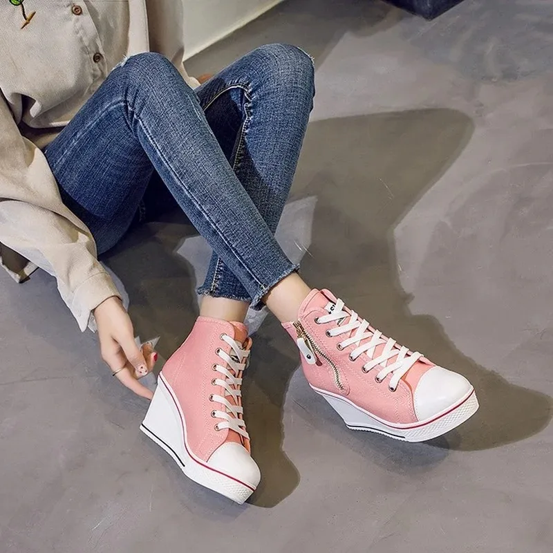 Side Zip Hidden Wedge Women Shoes Invisible Heel Canvas Shoes Casual Shoes High Top Breathable Platform Sneakers