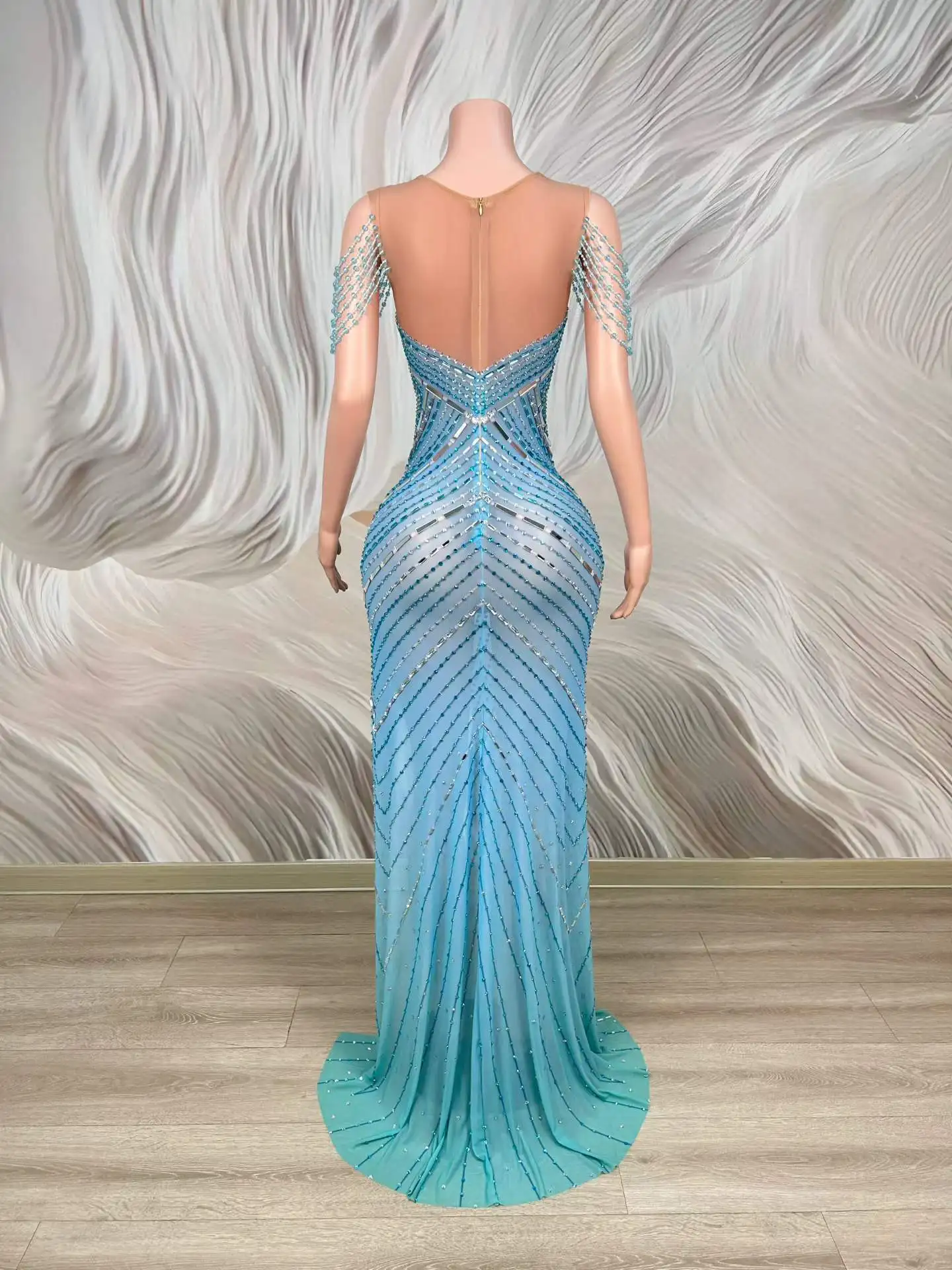 Sexy Sparkly Rhinestones Slit Long Dress Women Transparent Birthday Celebrate Wedding Evening Prom Photo Shoot Stage Wear