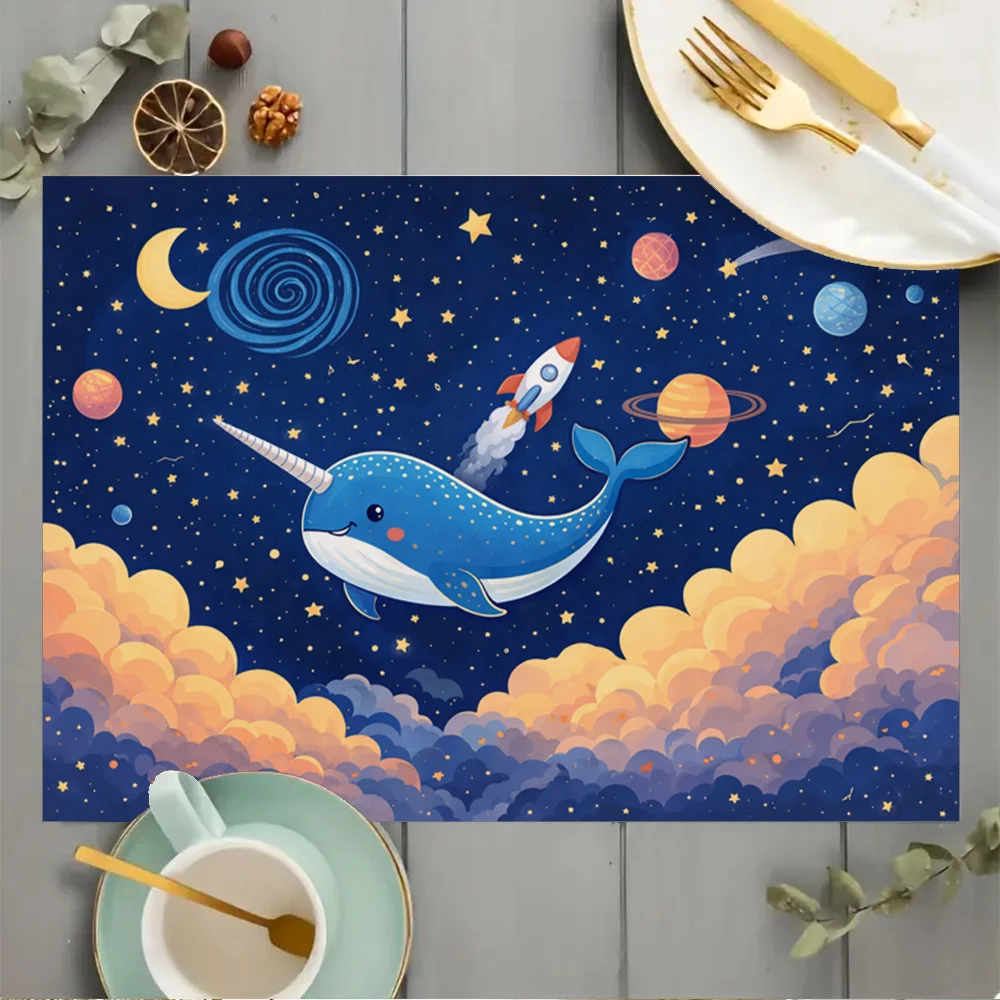 1 pc Space Narwhal Rocket Planet Starry Sky Placemats for Kitchen Dining Table Coffee Table Home Decoration, Holiday Party Gift