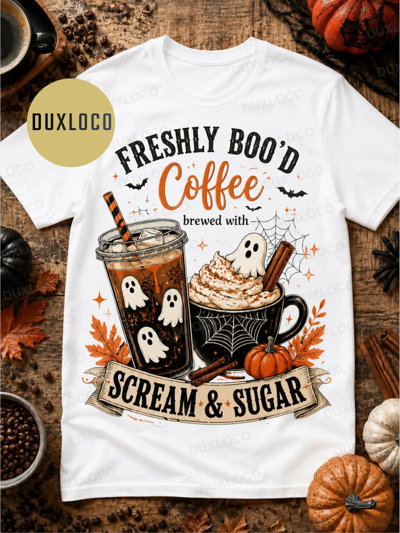 1pc Men'S And Women'S FRESHLY BOO'D COFFEE Vest Undershirt T-Shirt Spiderweb Bat Coffee Print Short Sleeve Top Suitable for Coffee Lovers Halloween Outfits Casual Crew Neck Fashionable Loose Fit Tee 180G 100%