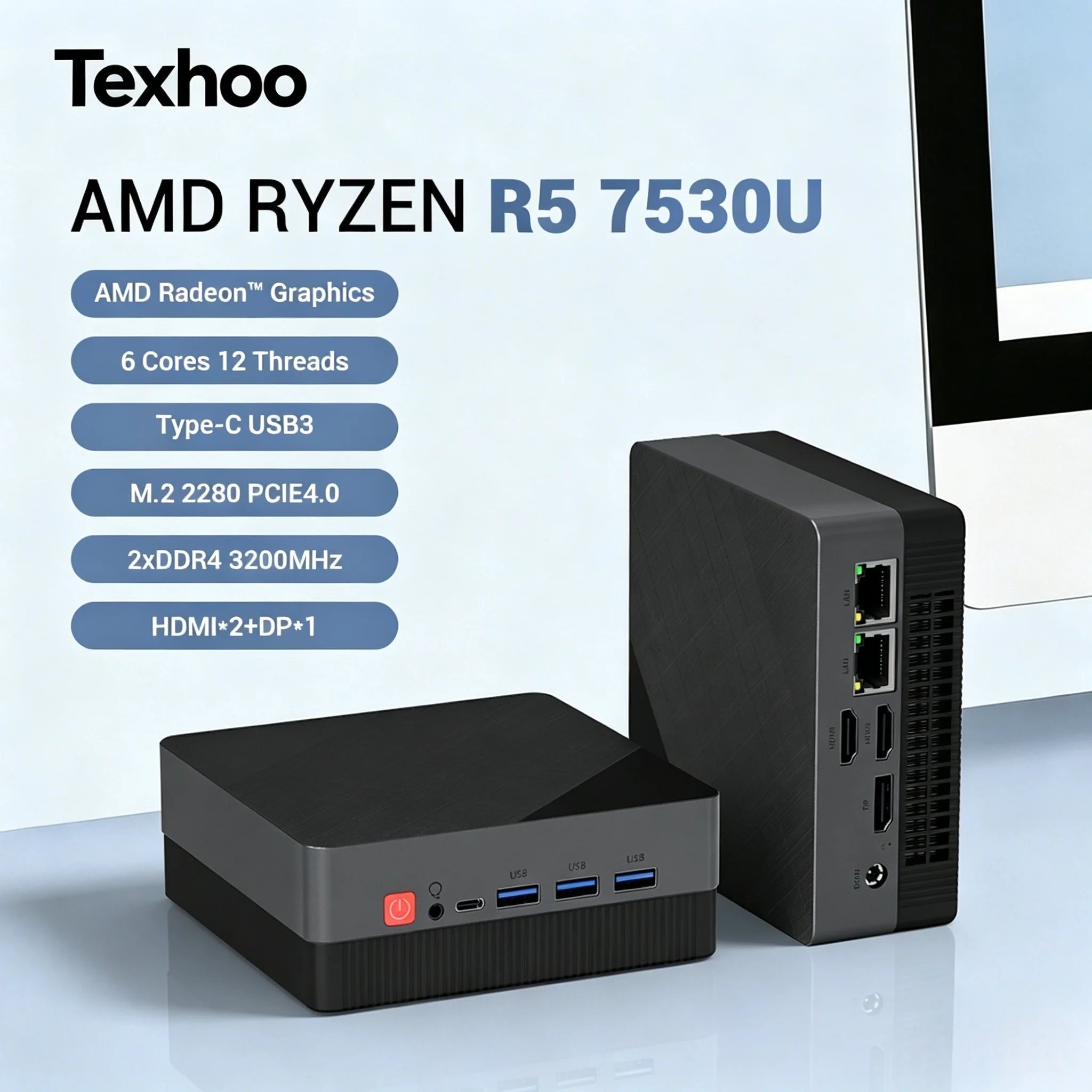 Texhoo MINI PC AMD Ryzen 5 7530U Windows 11 Pro 8G DDR4 2666MHz 256G M.2 2280 NVME WIFI6 BT5.2 Desktop Computer Office Compute