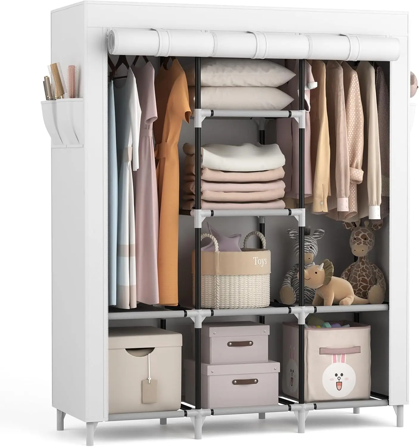 

Portable Closet Wardrobe for Hanging Clothes with 2 Hanging Rods and 8 Storage Organizer Shelves,Sturdy Large Wardrobe Closet
