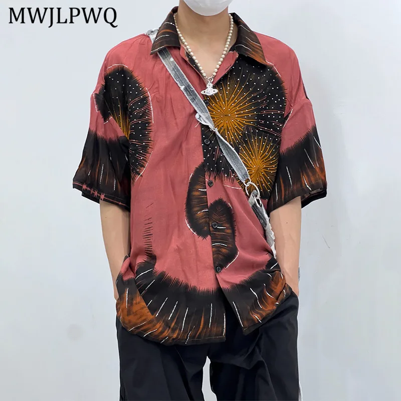 

MWJLPWQ 2025 New Red Floral Print Niched Design Shirt Male Lapel High Street Loose Casual Long Sleeve Tops 2025 Autumn New 11087