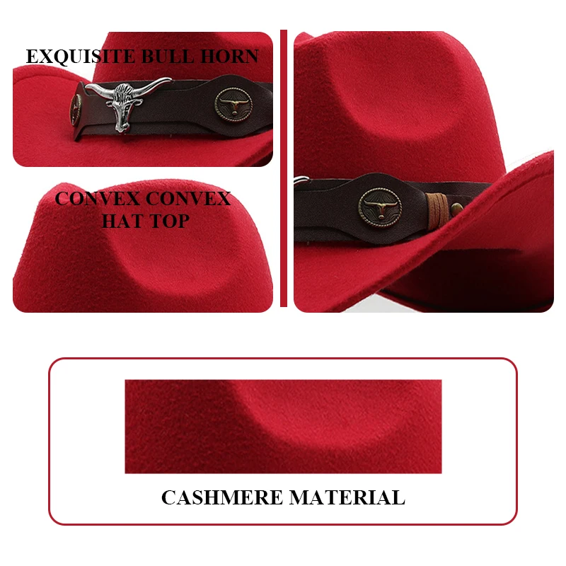 New Western Hat Men Women Cowboy Style Leather Hats Wool Chapeu Western Gentleman South States  Jazz Cap Cowgirl Hats Cow Band