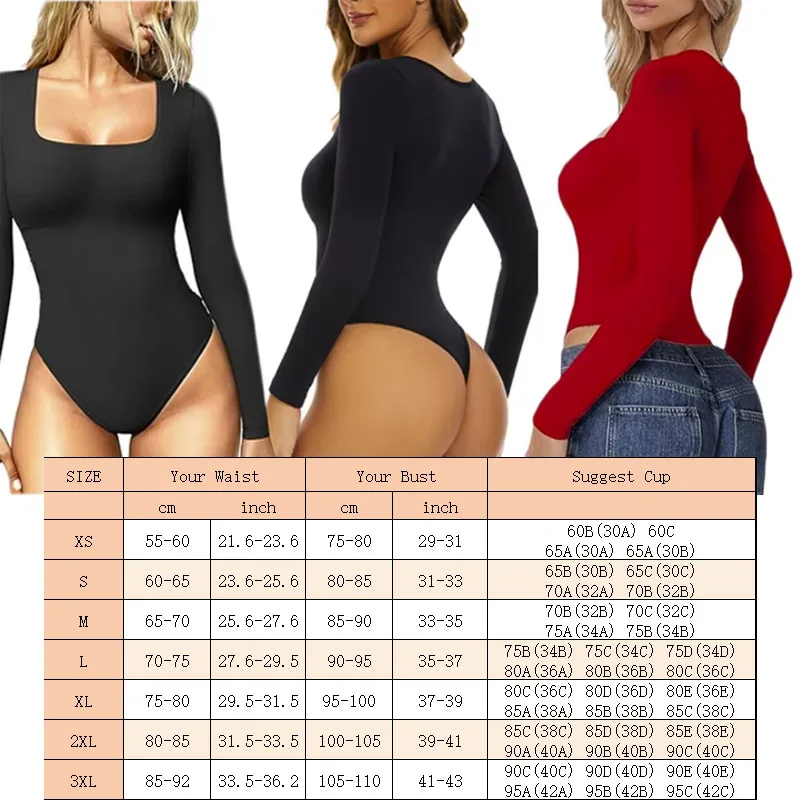 GUUDIA Spandex Elastic Body Suit Shapewear Women Body Shaper Tummy Control Long Sleeve Open Crotch Big U Neck Seamless Shapers