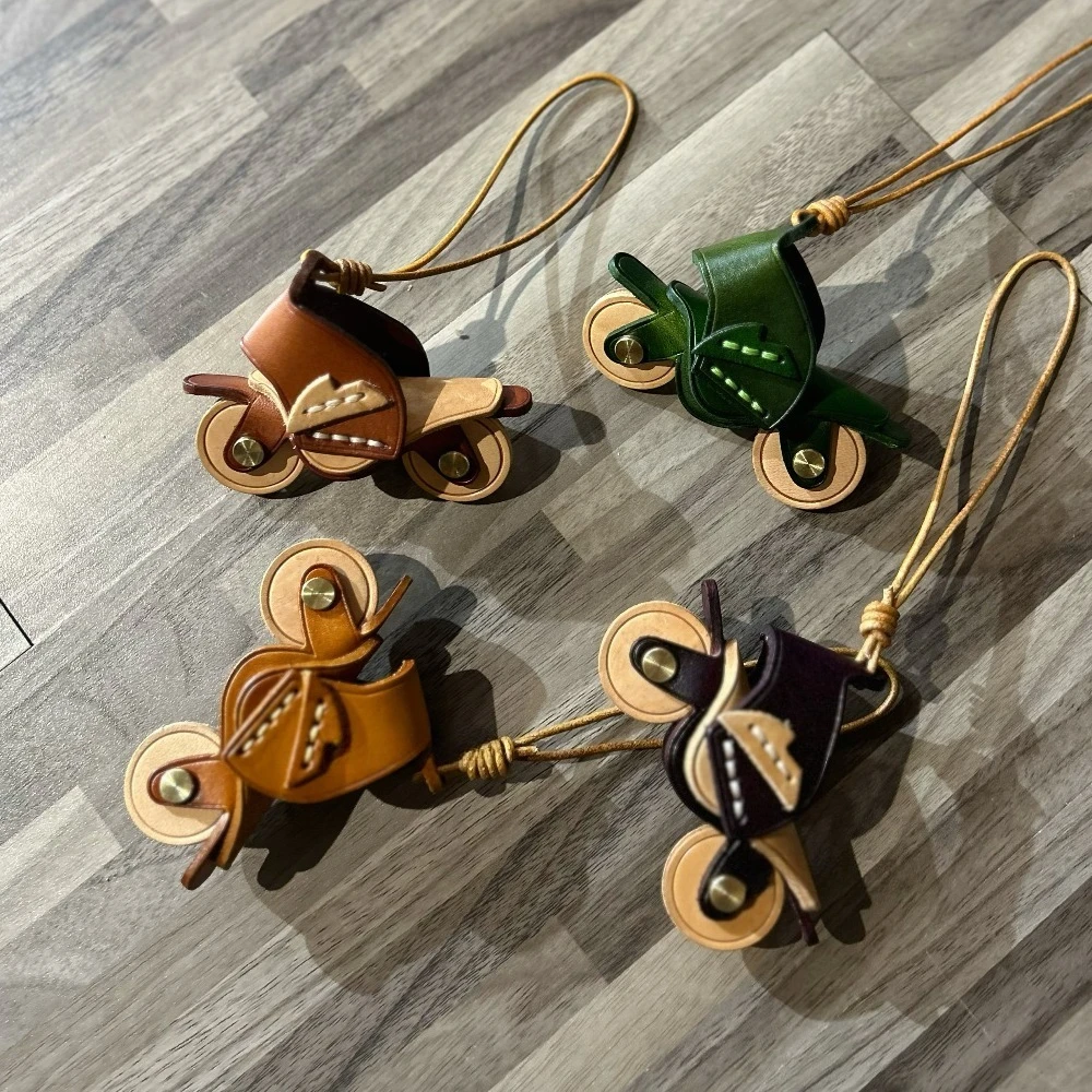 Genuine Leather Handmade Motorcycle Shaped Bag Charm, Vegetable-Tanned Cowhide Keychain, Exquisite Small Ornament for Bags