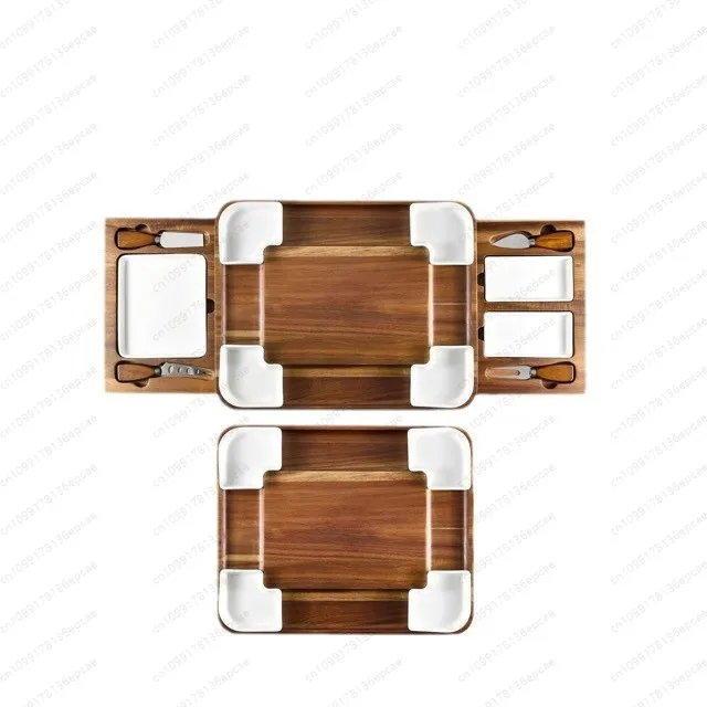 Kitchen Upgrade Deli Service Platter Square Acacia Cheese Board and Knife Holder with Ceramic Bowl
