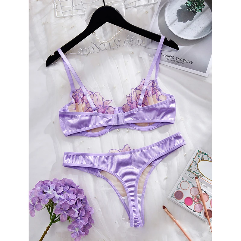 مجموعة الملابس الداخلية النسائية الأزهار التطريز جنسي الملابس الداخلية رومانسية الأرجواني ملابس داخلية شفافة الحميمة رقيقة جدا حمالة صدر ولباس داخلي مجموعة #3