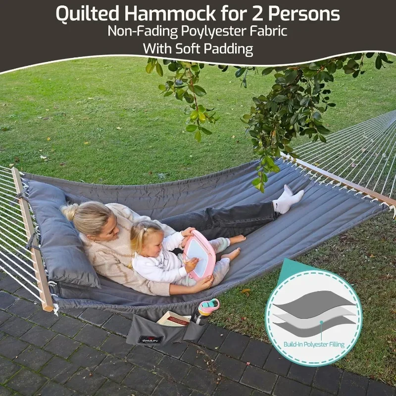 

Quilted Fabric Hammock with Hardwood Poles and Pillow, Large Hammock for Outdoor Patio, Backyard, Poolside - Tan