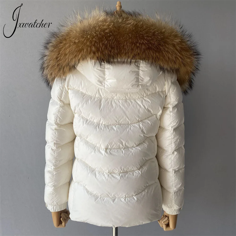 Jxwatcher-Chaqueta de plumón para mujer, abrigo grueso de plumón de pato blanco cálido con cuello de piel de mapache auténtica, chaqueta con capucha a la moda para mujer