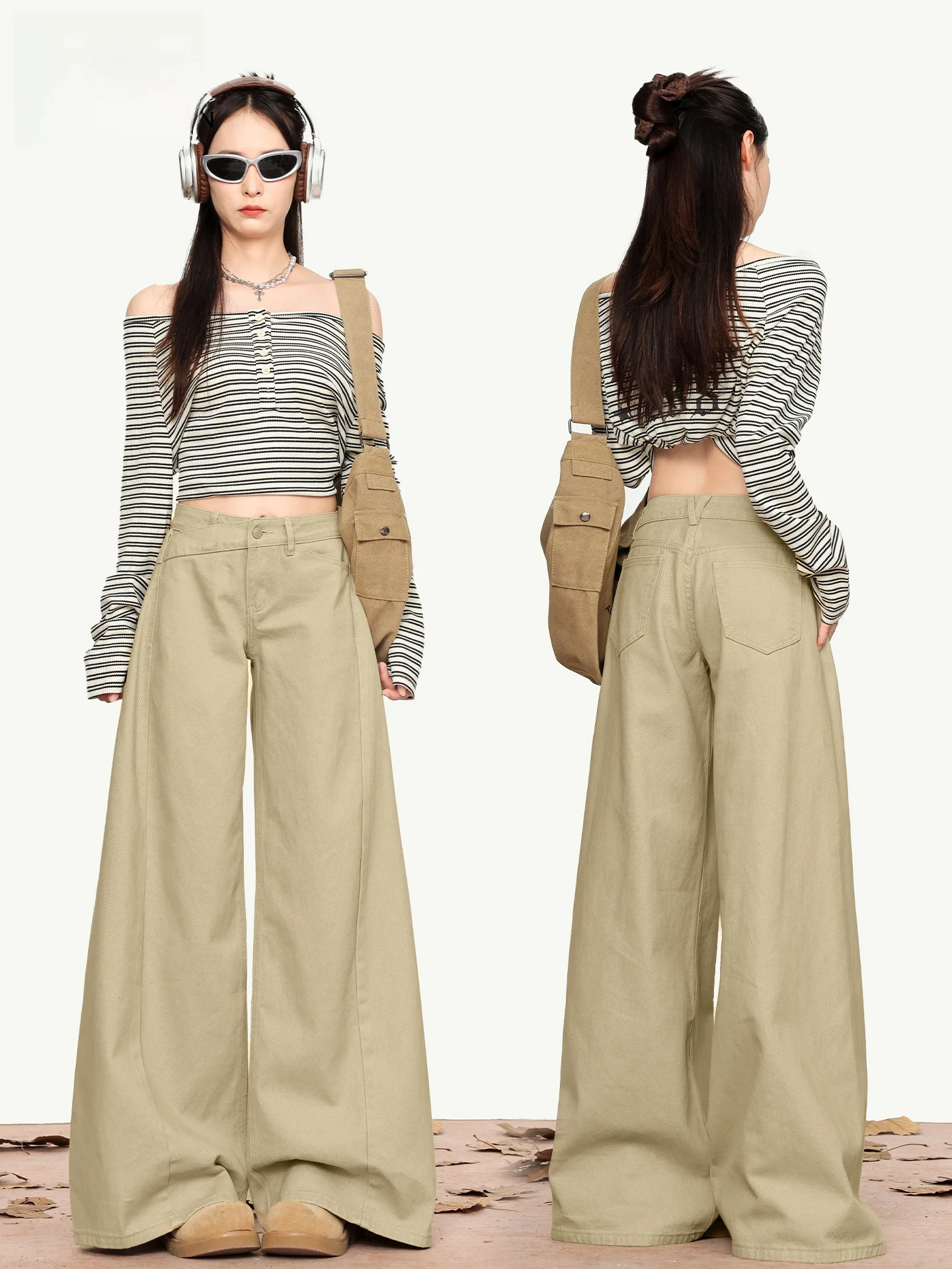

Khaki Wide Leg Pants Women's New 2026 Summer American Retro Side Waist Low Waist Loose Jeans Casual High Waist Pocket Zipper