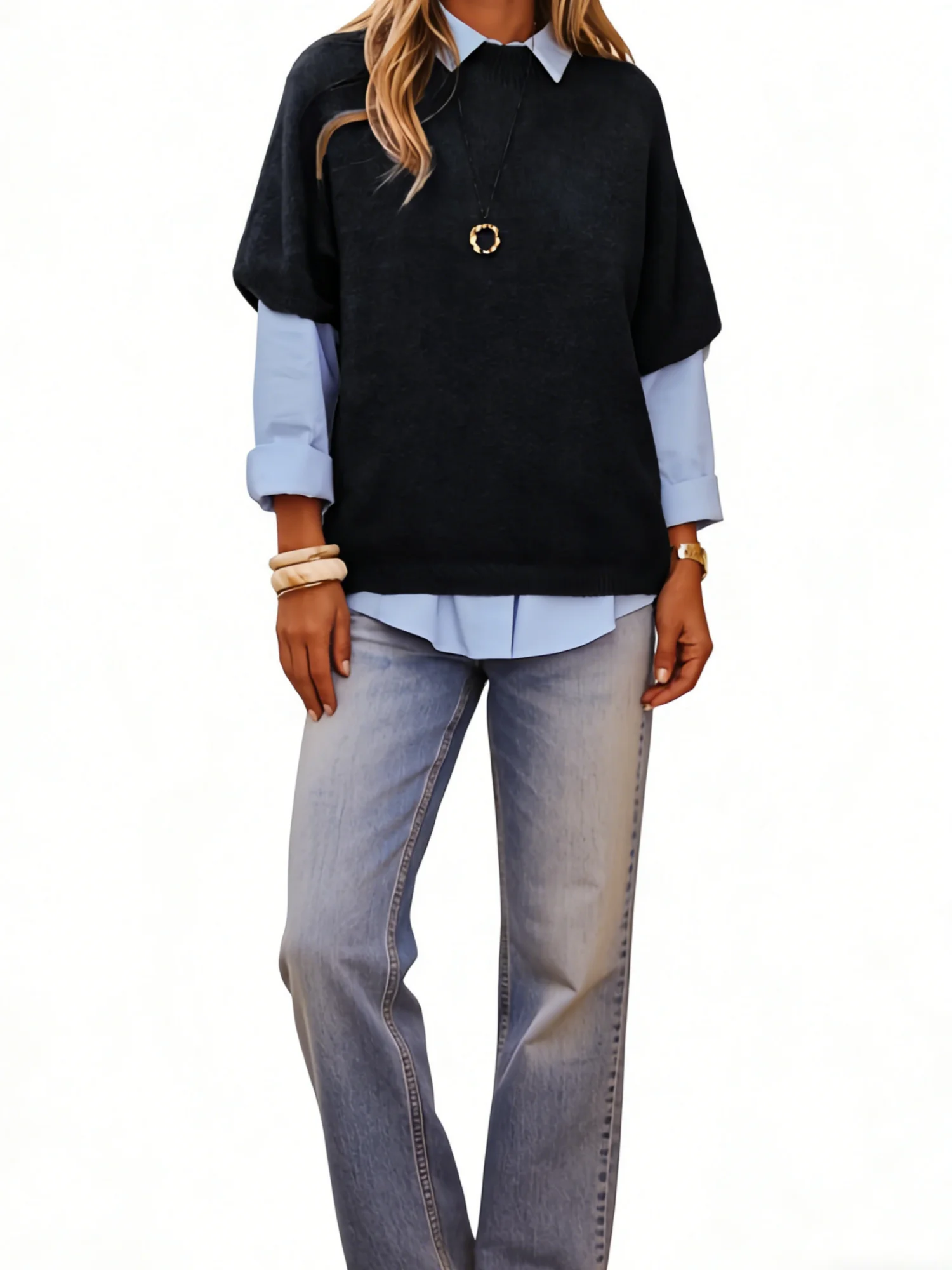 

Women's black plus size spring/summer casual short sleeved round neck pullover (excluding innerwear)