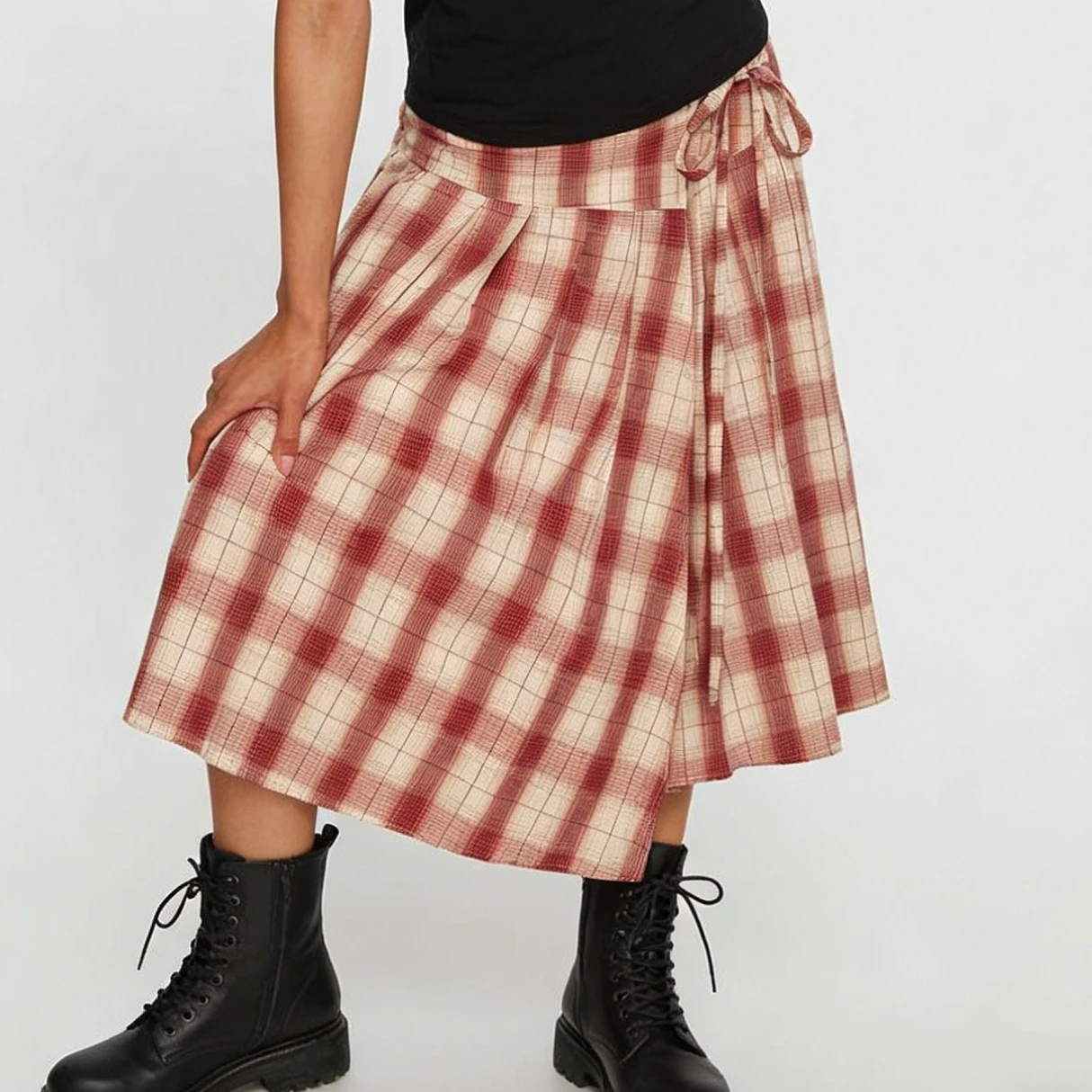 Vintage Plaid Midi Skirt for Women A-Line Stylish Irregular Hem Bow Tie Mid-Rise Skirts for All Seasons
