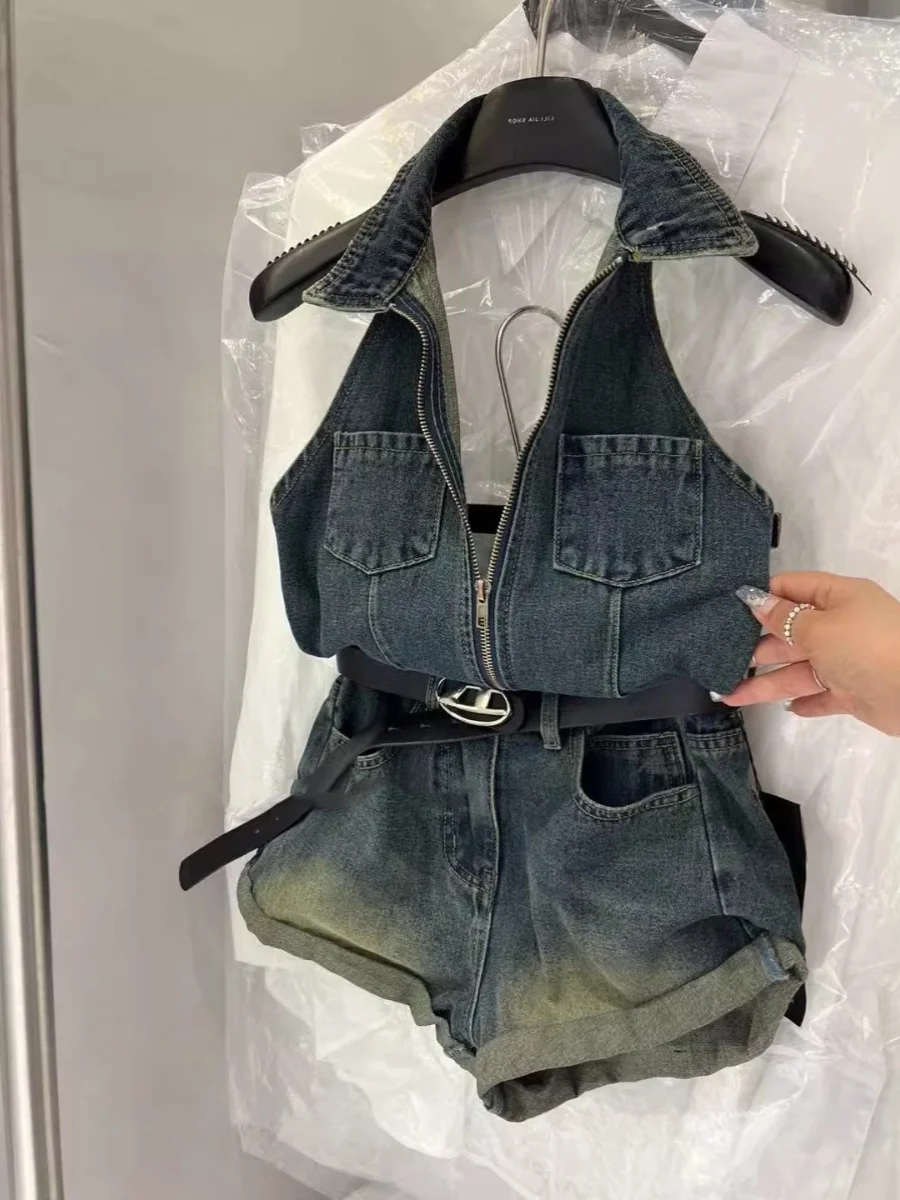

Retro Hong Kong Sle Denim Overalls Women's Faionable Summer High Waist Cuffed ort Pants Bal Crop Top Jumpsuit