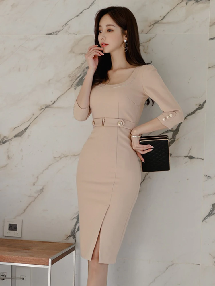 Korean Fashion Spring Autumn Elegant Women Pencil Dress Commute Formal Chic Solid Sexy O-Neck Slim Slit Midi Party Mujer Vestido