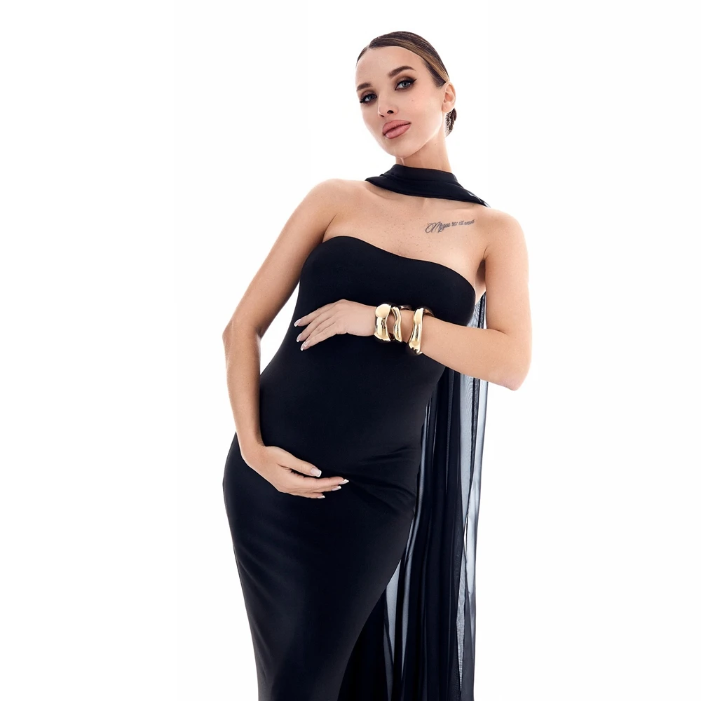 Black Shawl Maternity Photography Dresses Tube Top Pregnancy Photoshoot Gown Chiffon Veil Pregnancy Studio Posing Clothing view 3
