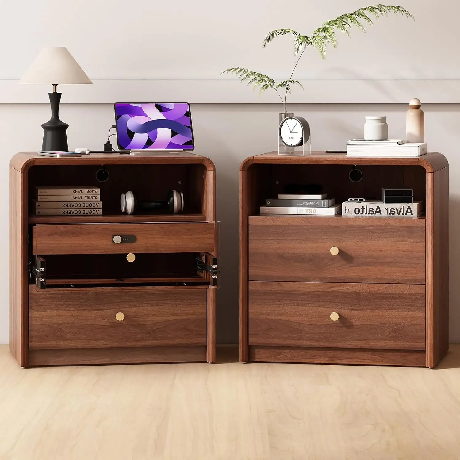 Walnut Nightstand Set 2 Locking & Charging Station, Mid Century Modern Hidden Drawer Combination Lock, Wooden , Customized