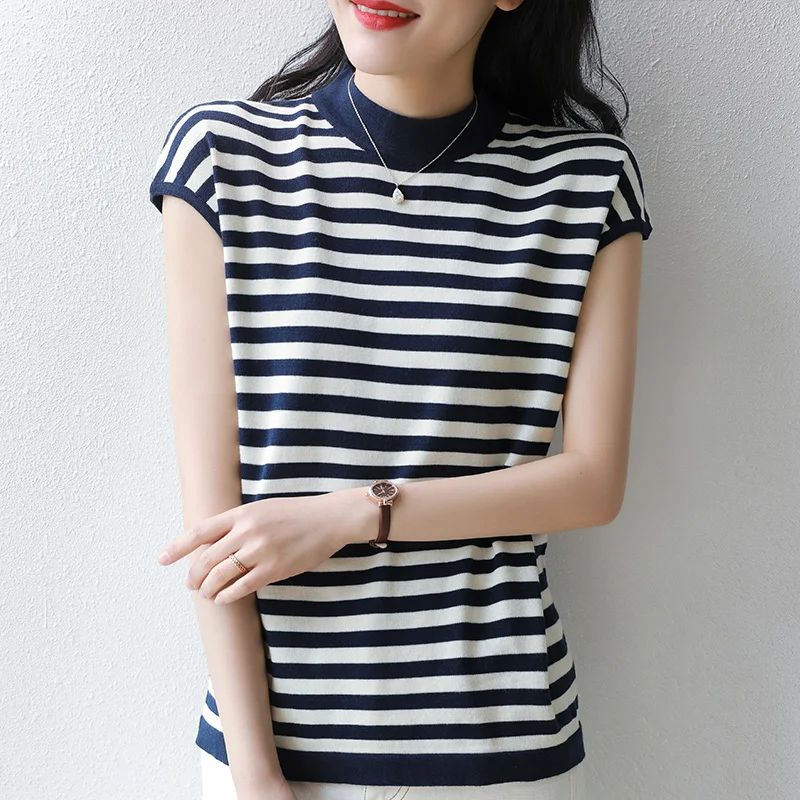 2024 Summer New Pure Cotton Round Neck Striped Shoulder Drop Short Sleeve Knitwear Bottom Shirt Fashion Top T-shirt