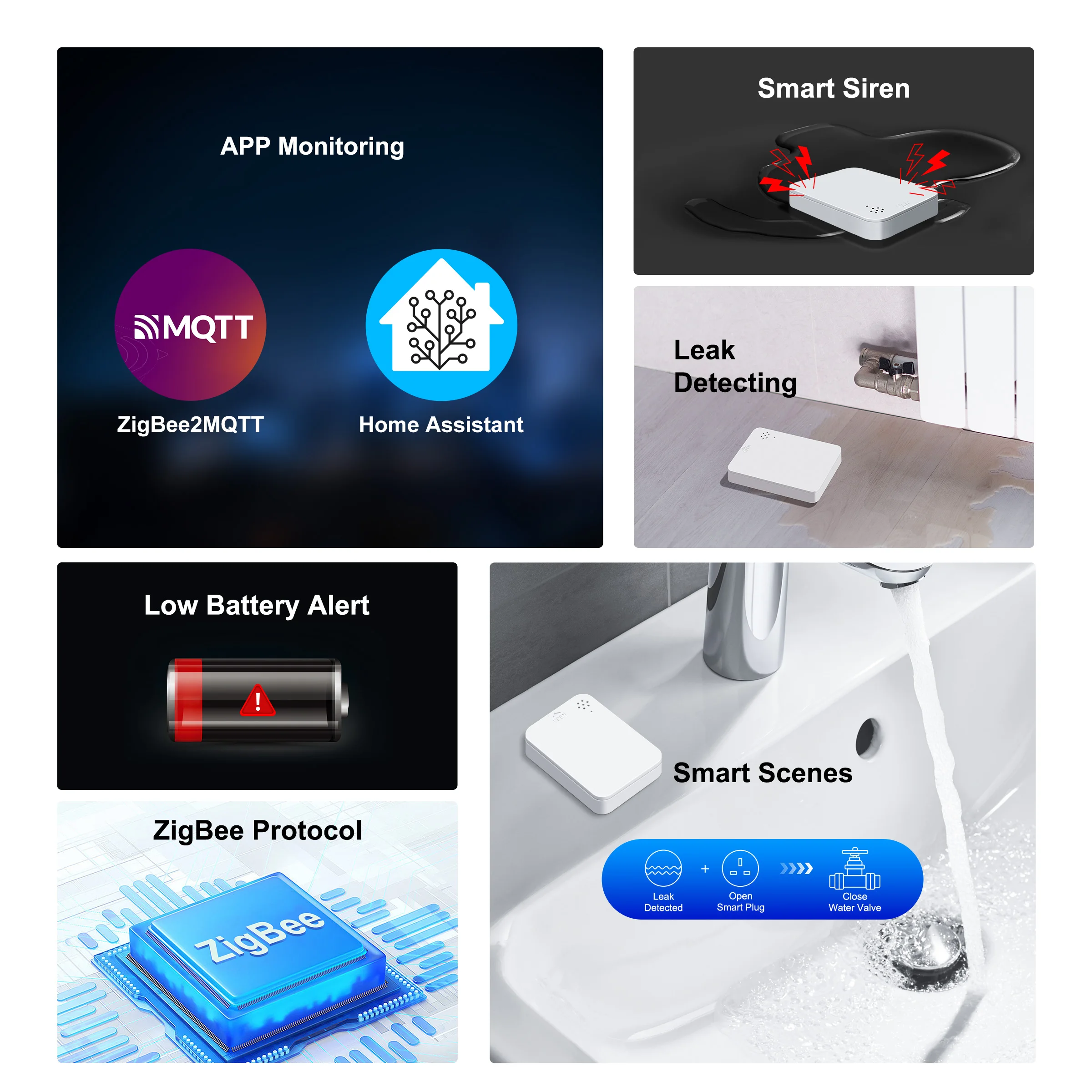 GIRIER ZigBee 3.0 Water Leak Sensor Smart Leakage Detector Built-in Smart Siren 85dB Alarm Work Home Assistant for Home Security