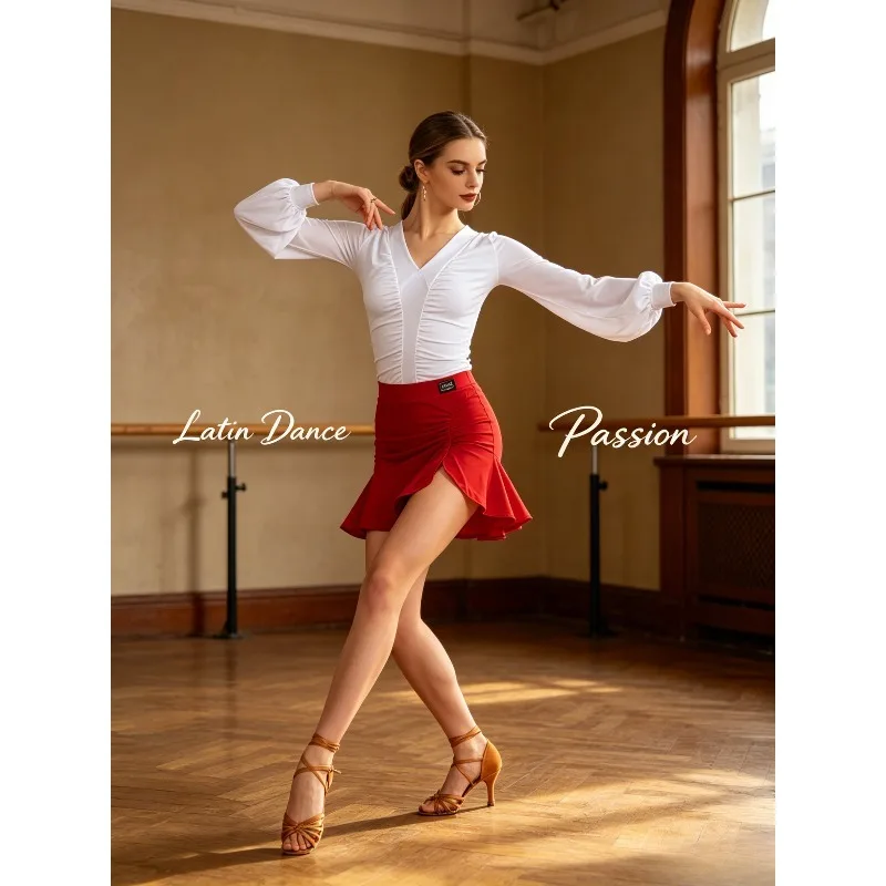 

Women V Neck Long Sleeve Latin Dance Bodysuit S-3XL Adult Ballroom Modern Dance Top Professional Practice Competition Costume