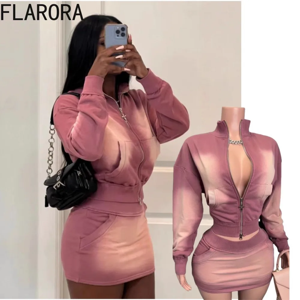 

FLARORA Fashion Tie Dye Print Two Piece Sets Woman Long Sleeve Zipper Jacket Coats And Mini Skirts Outfits Elegant Streetwear