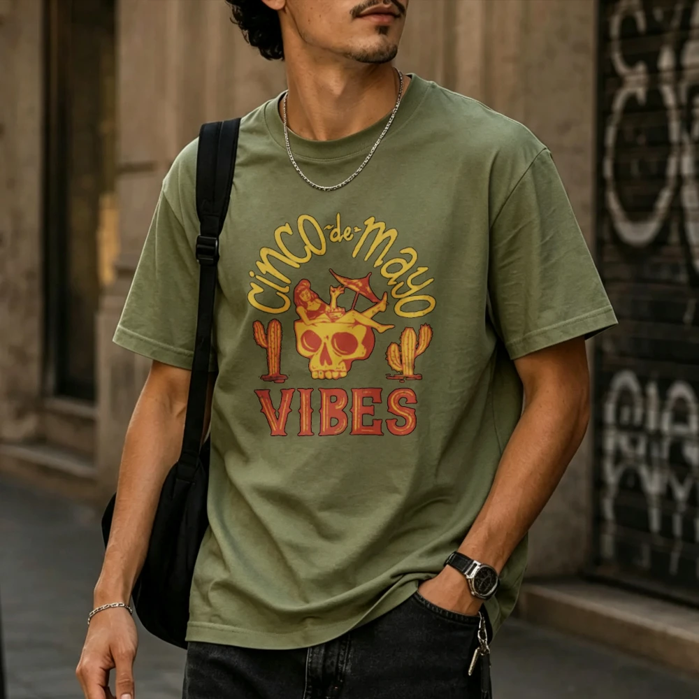Men Cotton T-shirt Cinco De Mayo Vibes Skull Cactus Retro Print Tee Summer Casual Streetwear Mexican Holiday Graphic Tops Gifts