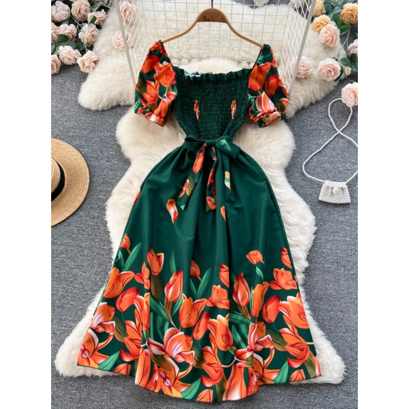 INS femmes été chic mince imprimé floral bandage robe midi décontracté col carré streetwear a-ligne vestido de festa robe de plage