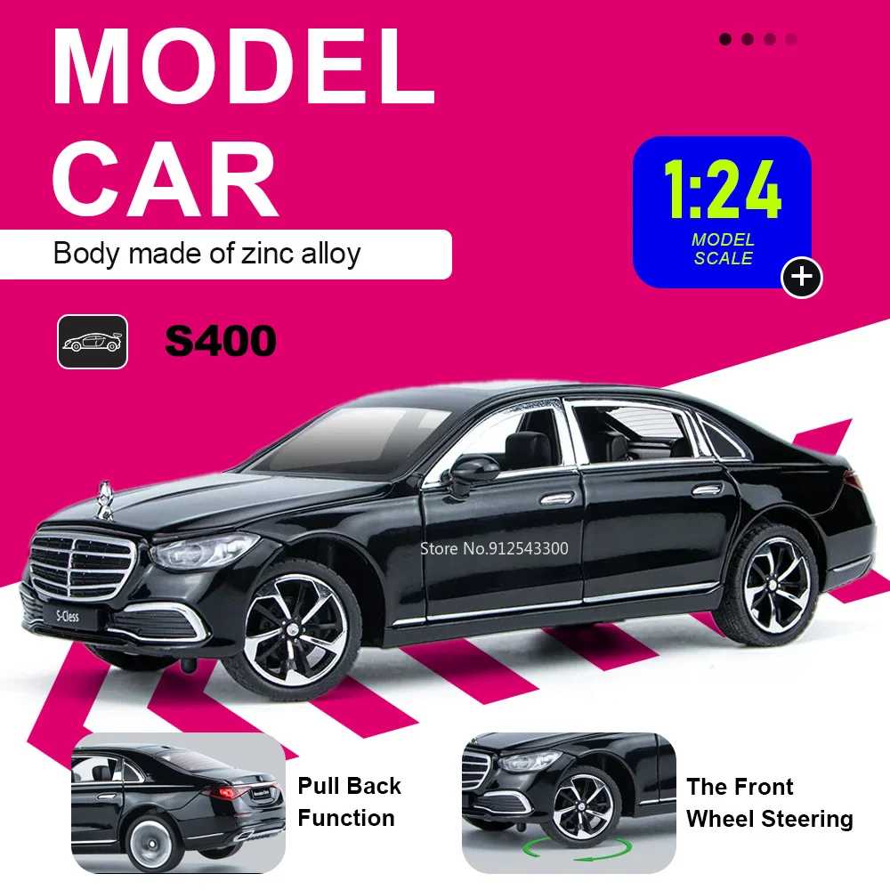 

1:24 S400 W140 300SEL Car Model Toy Doors Opened Front Wheel Steer Models Shock Absorption Alloy Body Vehicle Hobby Decoration