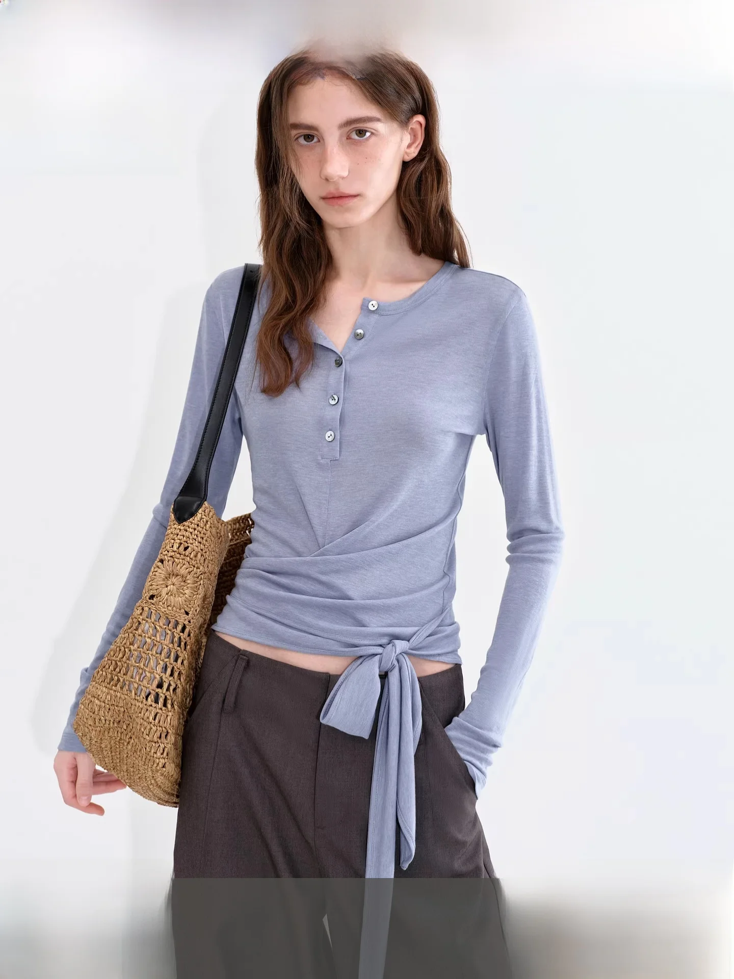 

Женская футболка Fano из шелково-шерстяной смеси с длинным рукавом, ранневесенняя модная модель, облегающий крой, с завязками на плечах, удобная, дышащая