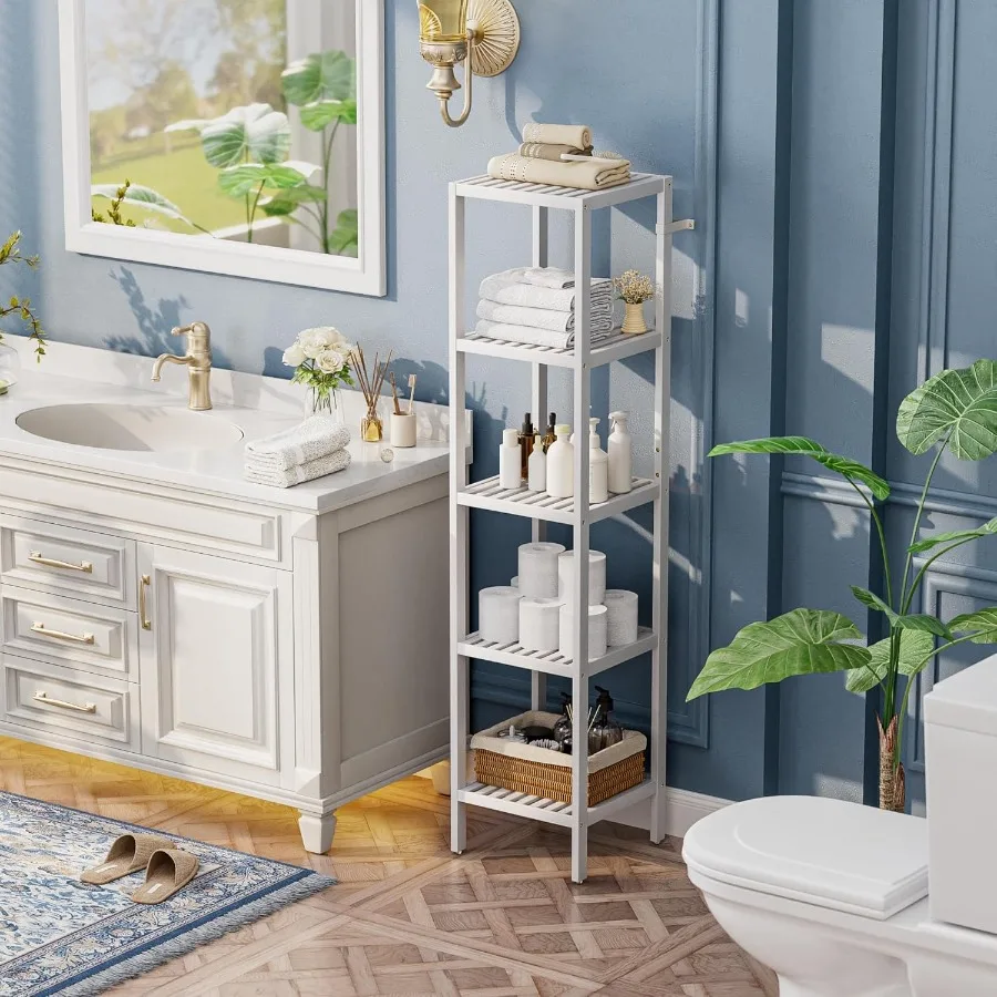 Prateleira de armazenamento para banheiro, 5 camadas, bambu, organizador, prateleira multifuncional para sala de estar, quarto, cozinha, branco