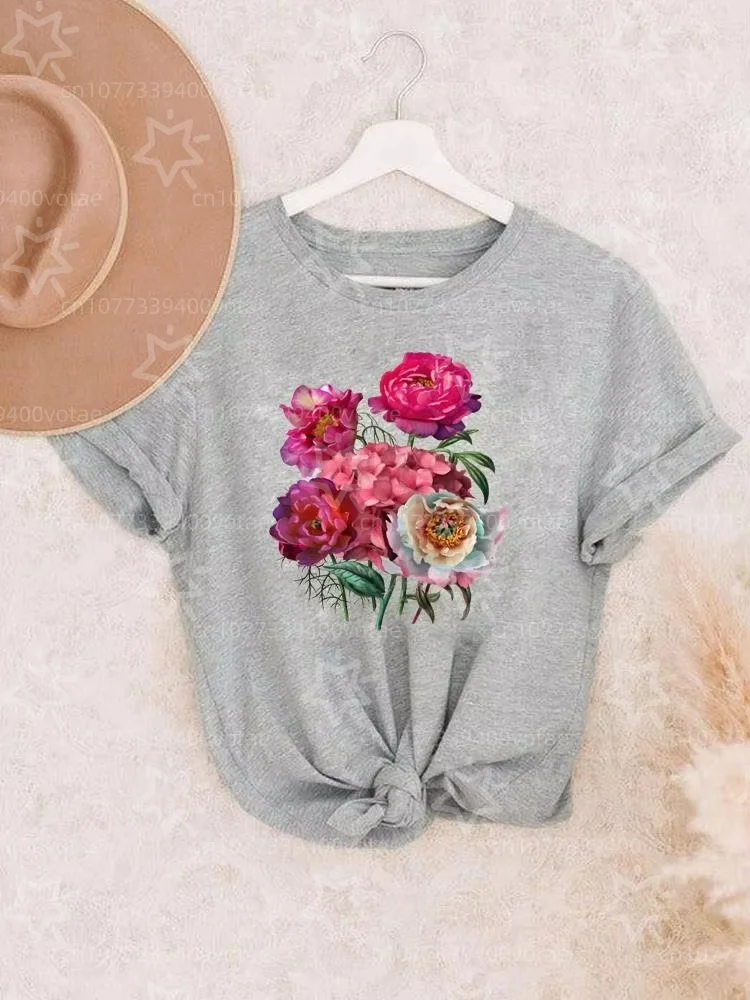 

Plus Size Sweet Flower Painting Style Printed T-shirts Summer Fashionable High Quality Short Sleeved Casual Sports Pullover Tops