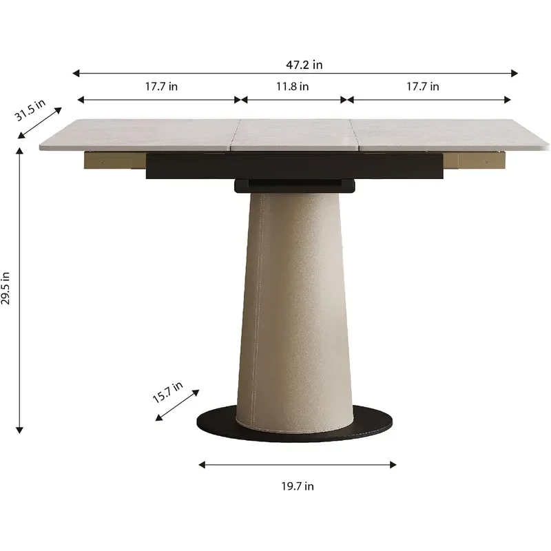 47.2 Retractable Rock Slab Folding Dining Table Modern Expandable Kitchen Table with Leather Wrapped Stainless Steel Base