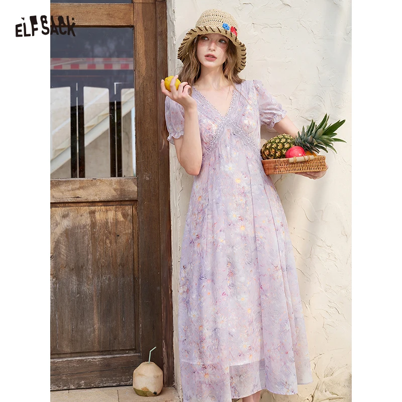 ELFSACK V Neck Ruffle Short Sleeve Midi Dress, Purple Ditsy Floral Flowy Chiffon Dress, Romantic Daily Date Outfit for Women
