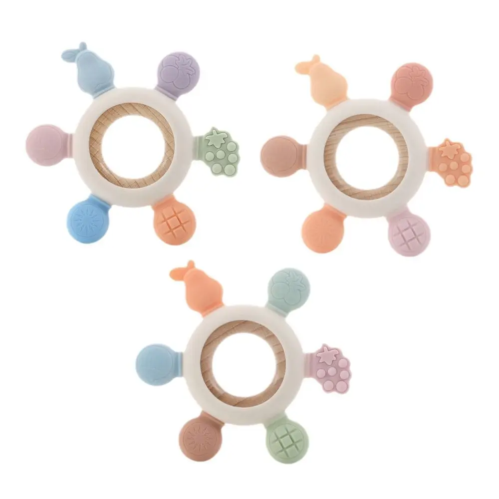 New Silicone Baby Teething Fruits Shape Grasping Baby Teether Wooden Ring BPA Free Teething Ring Newborn Accessories