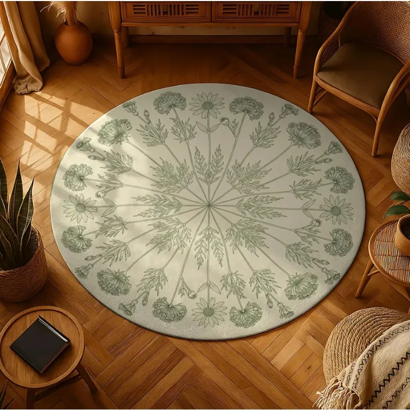 Simple Chinese Style Round Carpet with Retro Floral Print – Non-Slip Decorative Rug for Living Room, Bedroom or Dressing Area